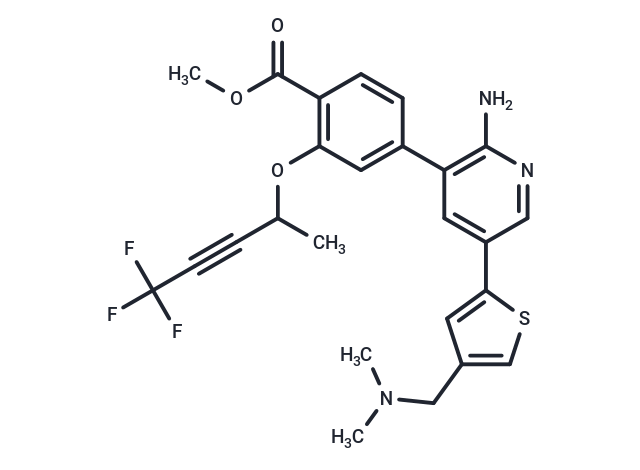 methyl 4-(2-amino-5-(4-((dimethylamino)methyl)thiophen-2-yl)pyridin-3-yl)-2-((5,5,5-trifluoropent-3-yn-2-yl)oxy)benzoate Chemical Structure